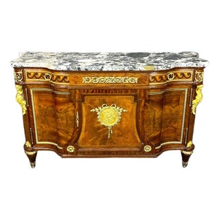 Early 20th Century French Louis XVI Style Marble Top Commode – Bronze Figural Mounts & Walnut Marquetry Sideboard For Sale