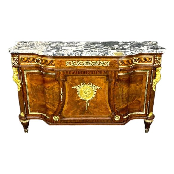 Early 20th Century French Louis XVI Style Marble Top Commode – Bronze Figural Mounts & Walnut Marquetry Sideboard For Sale