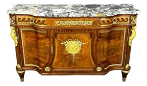 Early 20th Century French Louis XVI Style Marble Top Commode – Bronze Figural Mounts & Walnut Marquetry Sideboard