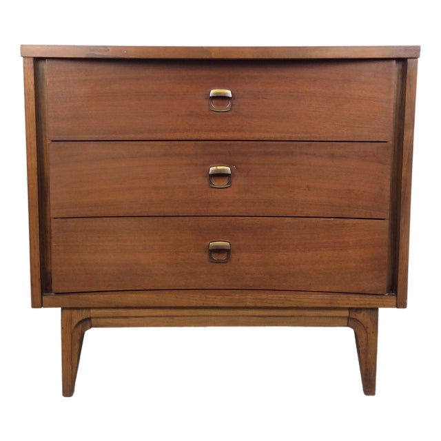 Mid Century Modern Three Drawer Chest With Curved Drawer Fronts and Brass Hardware For Sale