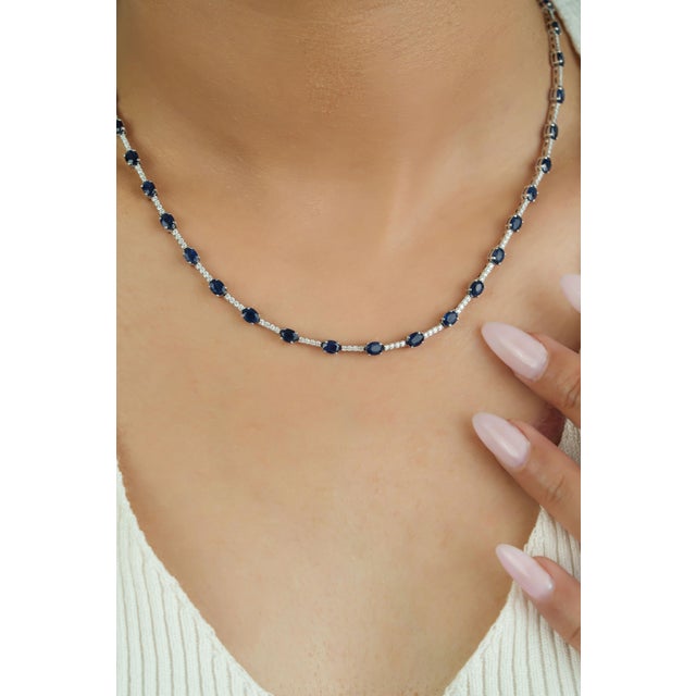 Metal Certified 14k White Gold Natural 10.52ct Blue Sapphire & Diamond Tennis Necklace For Sale - Image 7 of 15