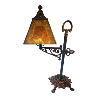 1910s Arts and Crafts Cast Iron Table Lamp With Original Mica and Brass Shade Original Patina For Sale