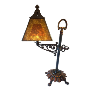 1910s Arts and Crafts Cast Iron Table Lamp With Original Mica and Brass Shade Original Patina