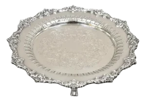 Vintage English Victorian Reticulated Silver Plated Round Footed Serving Tray
