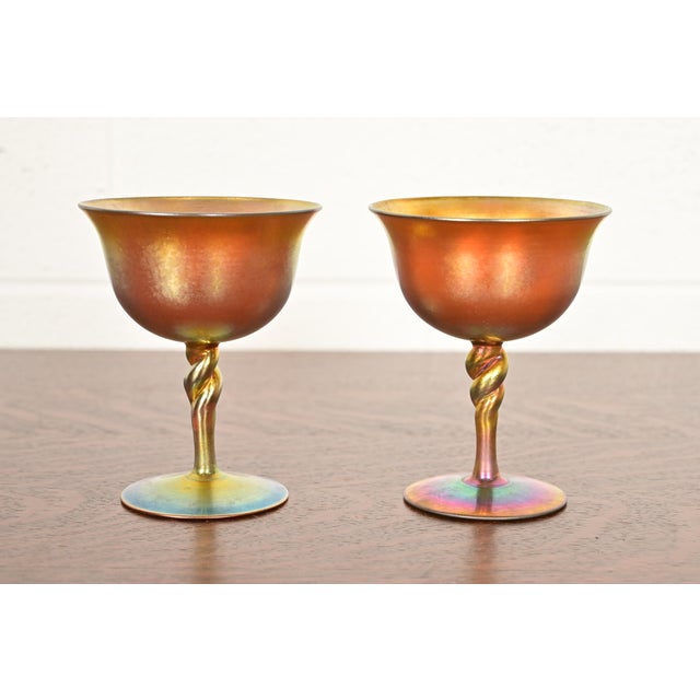 Art Deco Steuben Aurene Iridescent Art Glass Goblets, Pair For Sale - Image 3 of 11