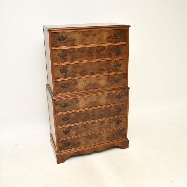 A beautiful and impressive antique burr walnut chest on chest of drawers. This was made in England, it dates from around...