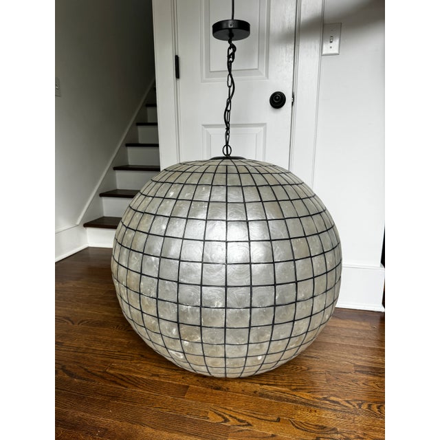 Large Vintage Capiz Shell Round Glove Ceiling Chandelier Light Fixture For Sale In New York - Image 6 of 11