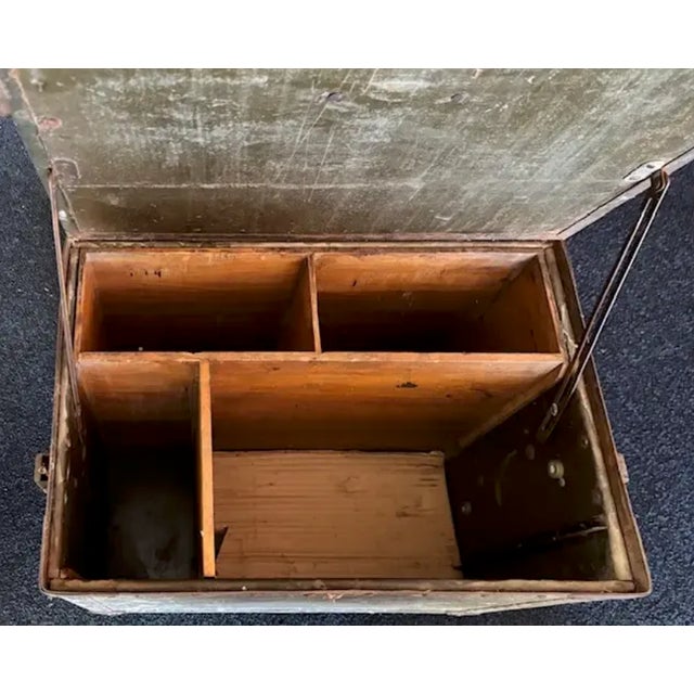 Old American Metal Trunk With Leather Handles and Wood Interior For Sale - Image 4 of 6