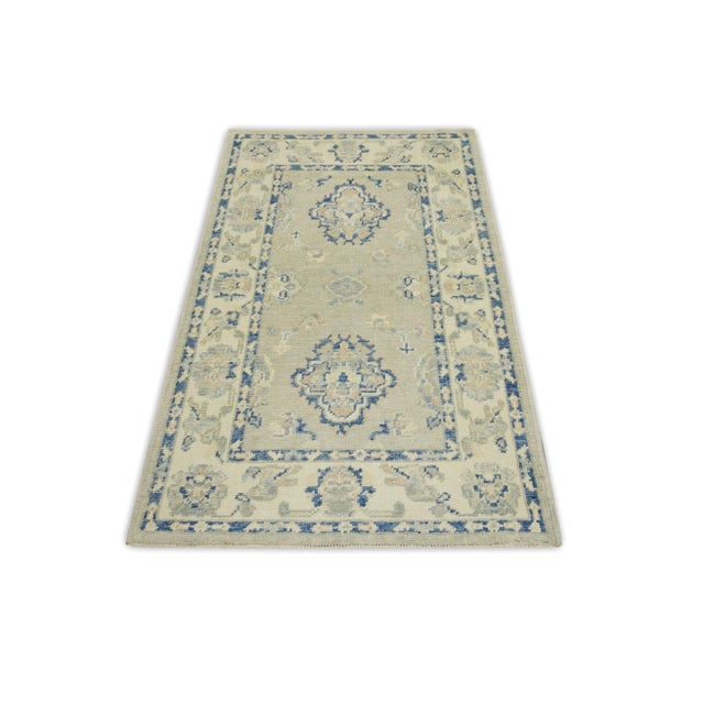Early 21st Century Soft Green & Blue Floral Design Handwoven Wool Turkish Oushak Rug 3' X 4'10" For Sale - Image 4 of 6