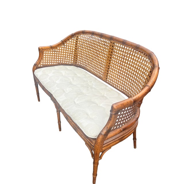 Ornamental & Decorative Materials Vintage Faux Bamboo Settee Sofa Bench With Rattan Cane Back For Sale - Image 7 of 9