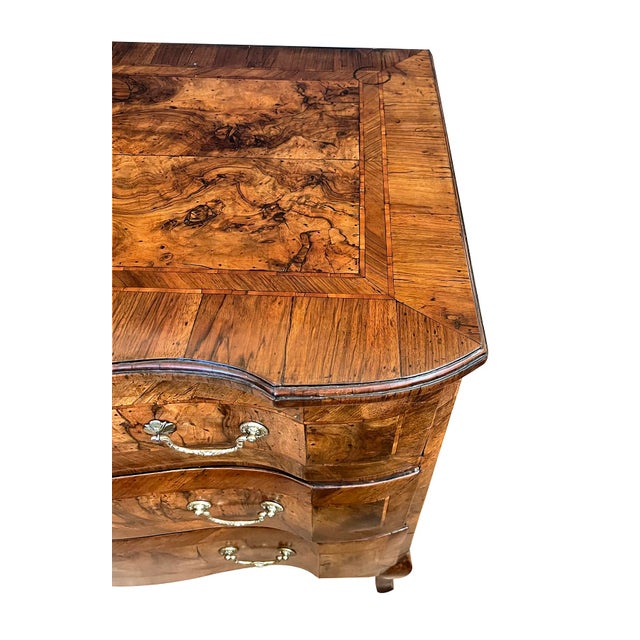 Wood Continental Rococo Style Burl Walnut Arbalète-Form 3-Drawer Commode For Sale - Image 7 of 9