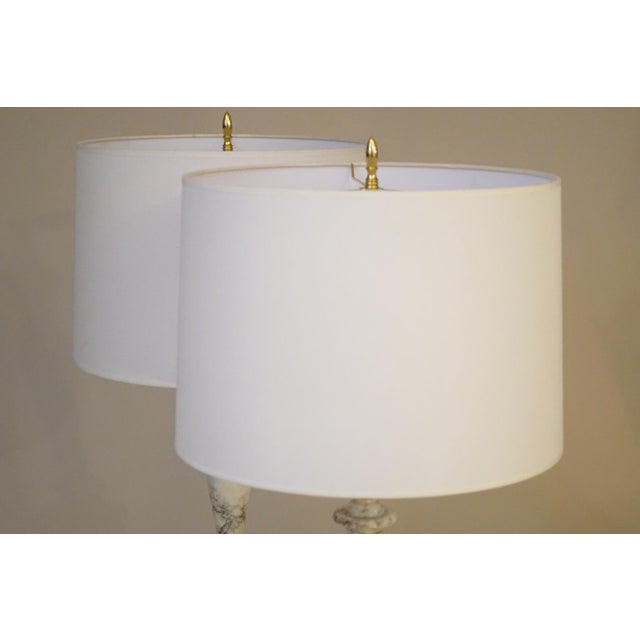 1960s Large Matched Pair Neo Classic Hollywood Regency Modern Carrara Marble Tuscan Column Style Table Lamps For Sale - Image 10 of 11