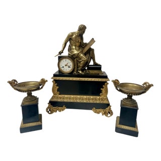Napoleon III Bronze and Marble Mantelpiece Set, 1800s, Set of 3 For Sale