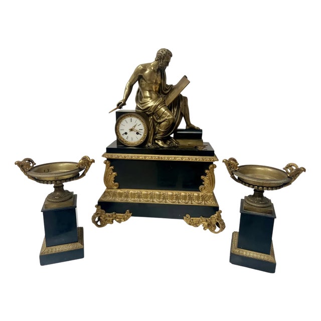 Napoleon III Bronze and Marble Mantelpiece Set, 1800s, Set of 3 For Sale