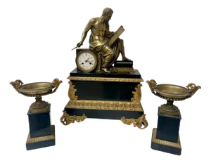 Napoleon III Bronze and Marble Mantelpiece Set, 1800s, Set of 3