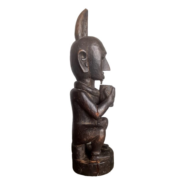 Vintage African Wooden Horned Figure Sculpture Tribal Art Hand Carved Wood Statue, 1970 For Sale
