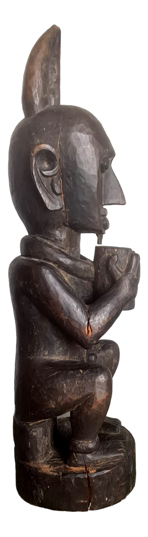 Vintage African Wooden Horned Figure Sculpture Tribal Art Hand Carved Wood Statue, 1970