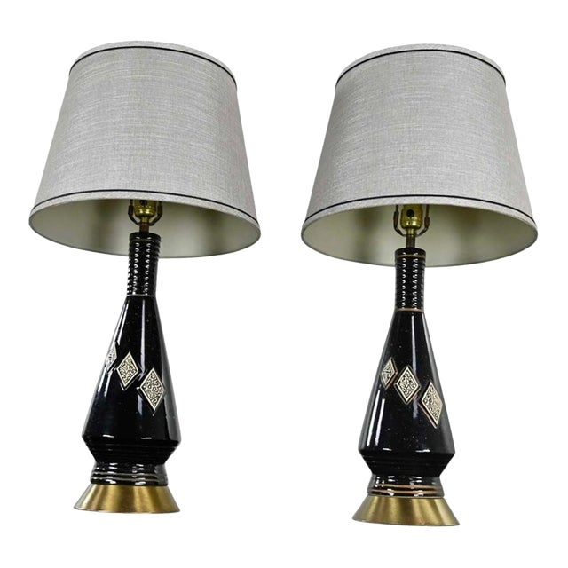 Mid-Century Modern Lamps Black Ceramic With Harlequin Style Diamond Design and Gray Shades For Sale