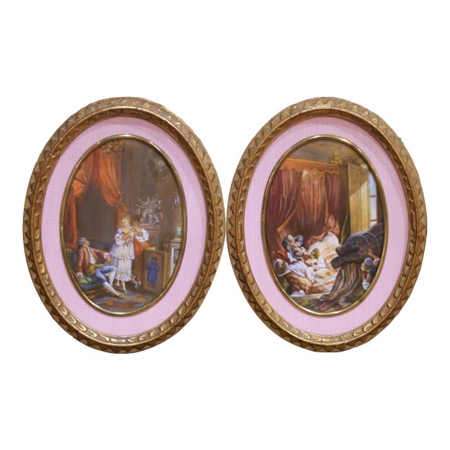Pair Mid-Century French Painted Genre Scene Oval Glass Pendants in Gilt Frames For Sale