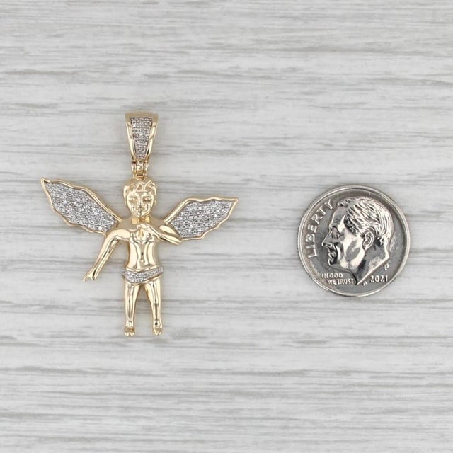 Modern 0.10ctw Diamond Guardian Angel Cheurb Pendant 10k Yellow Gold For Sale - Image 3 of 5