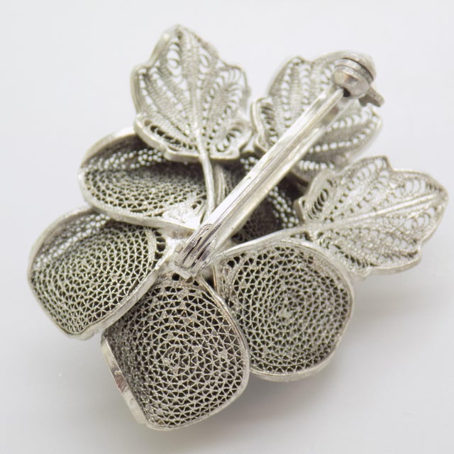 Metal Vintage Italian Handmade Genuine Silver Filigree Medium-Sized Rose Flower Brooch For Sale - Image 7 of 13