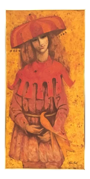 Mid-Century Modren Vintage Oil of Girl With a Bird Painting on Canvas