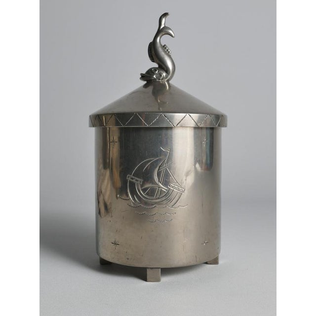 1920s Swedish Pewter Lidded Jar with Sculptural Fish Finial and Ship Engraving, 1928 For Sale - Image 5 of 18