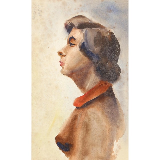 Looking upward at a slight angle, Eve Nethercott's rendering of a woman in mid-century fashion is full of individuality...