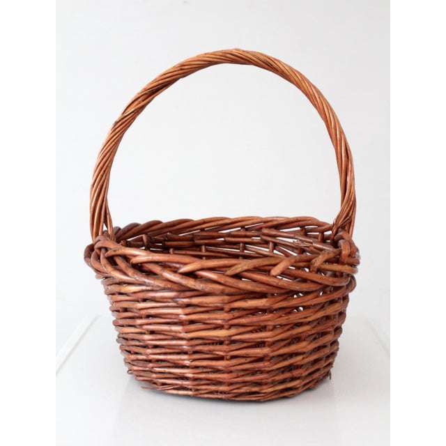 Brown Vintage Large Willow Gathering Basket With Tall Handle For Sale - Image 8 of 16