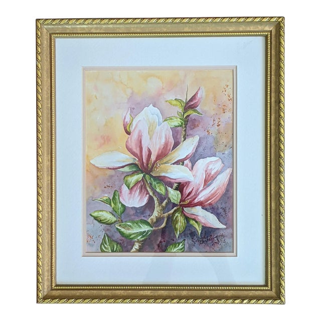 Vintage Original Budding Pink Lily Flower Still Life Watercolor Painting For Sale