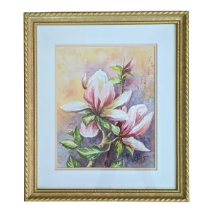 Vintage Original Budding Pink Lily Flower Still Life Watercolor Painting