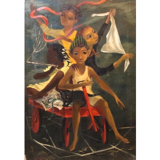 Paul Zimmerman, Modernist Oil Painting Social Realist Kids and Cat in Red Wagon WPA Style, c.1950s For Sale