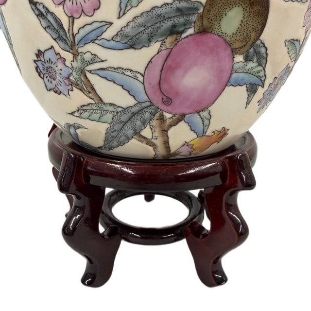 Late 20th Century Vintage Chinese Wbi Hand-Painted Famille Rose Peach Ginger Jar & Lid W/Stand For Sale - Image 5 of 6