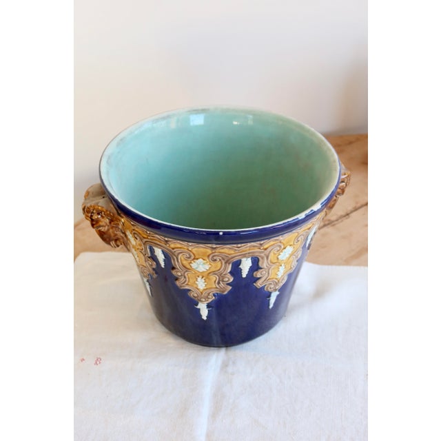 Antique Fives-Lille Cachepot in Blue Glazed Ceramic with Neo-Renaissance Decor by Gustave De Bruyn, 19th Century For Sale - Image 4 of 11