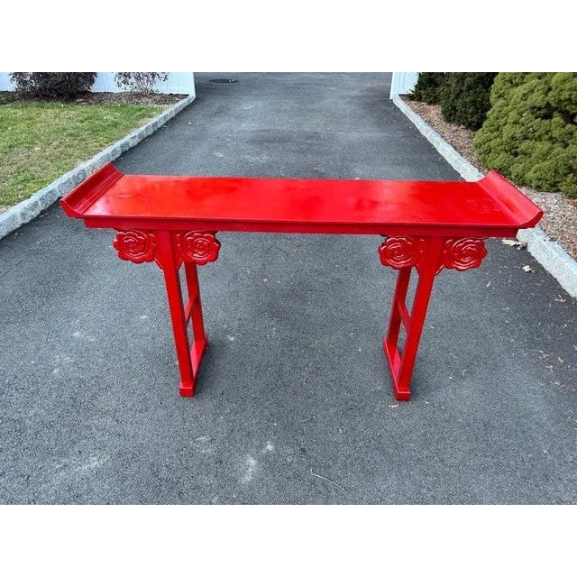 Fire Engine Red Asian console table, Fabulous ,bright piece perfect for lighting up a room. wonderful scrolled fleurette...