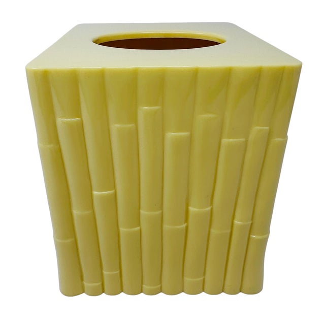 1970's Bai Yellow Faux Bamboo 4pc Bathroom Set Wastebasket Tissue Box Cover Soap For Sale - Image 15 of 18