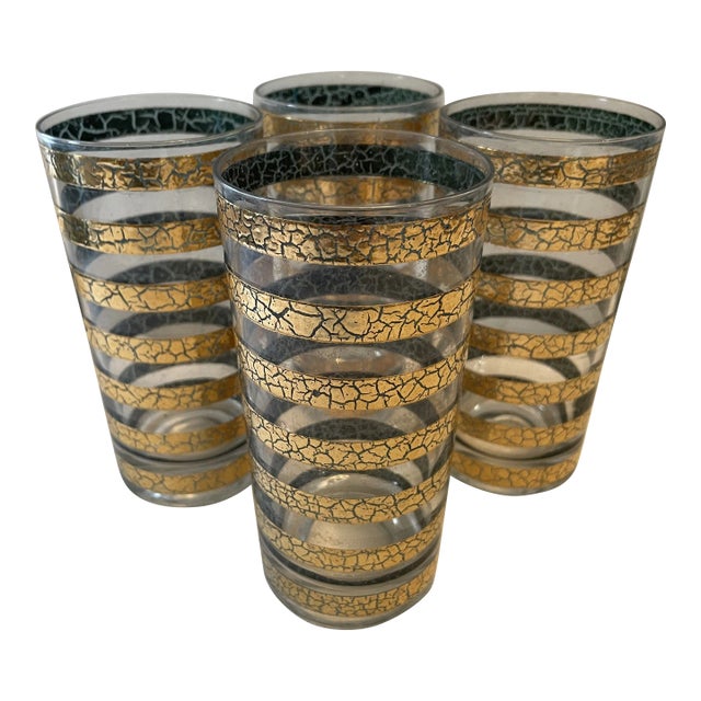 1960's Culver "Regiment" Green and Gold Highball Glasses - a Set of 4 For Sale