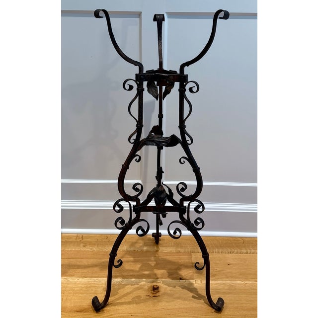 Metal Continental Wrought Iron Tripod Plant Stand With Scrollwork and Foliage Circa 1880 For Sale - Image 7 of 17