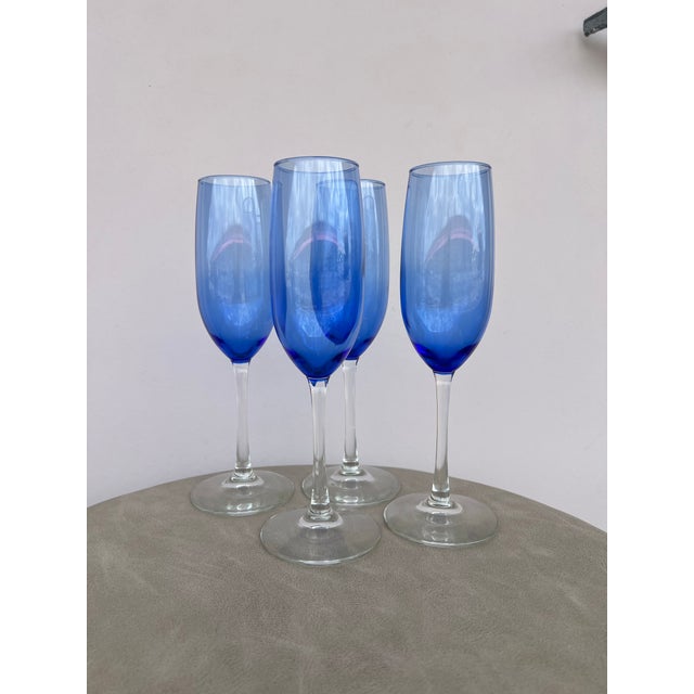 Modern Vintage Blue Flute Champagne Glasses by Libby - Set of 4 For Sale - Image 3 of 4