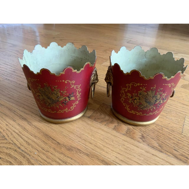 Pair of Early 20th Century French Napoleon III Style Red and Gold Toleware Cachepots For Sale - Image 12 of 12