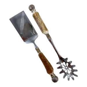 Sheffield Estate English Stag Antler Handled, Sterling Silver Capped Pasta Servers, S/2