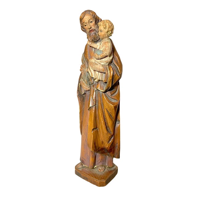 Vintage Hand Carved Painted Italian Wood Joseph Baby Jesus Sculpture Statue For Sale
