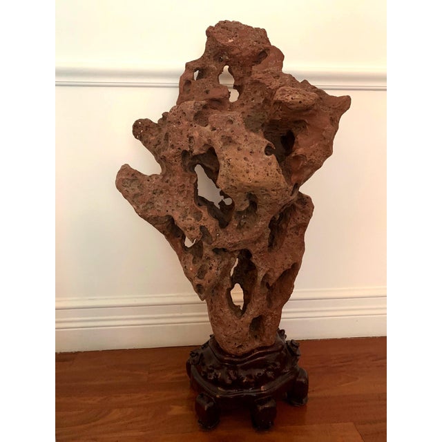 Large Chinese Scholar Stone Rare Red Taihu Rock on Display Stand For Sale - Image 12 of 15