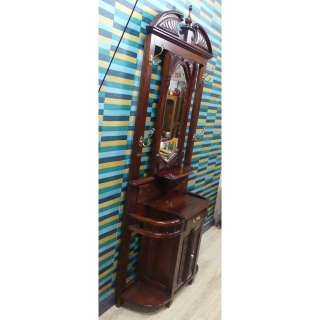 Wood Antique Art Nouveau Mahogany Wardrobe with Beveled Mirror, Chest of Drawers, and Umbrella Stand, 1920s For Sale - Image 7 of 18
