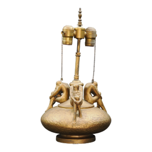 1930s Art Deco Signed Olive Kooken Figural Nude Women Bronze Over Plaster Table Lamp