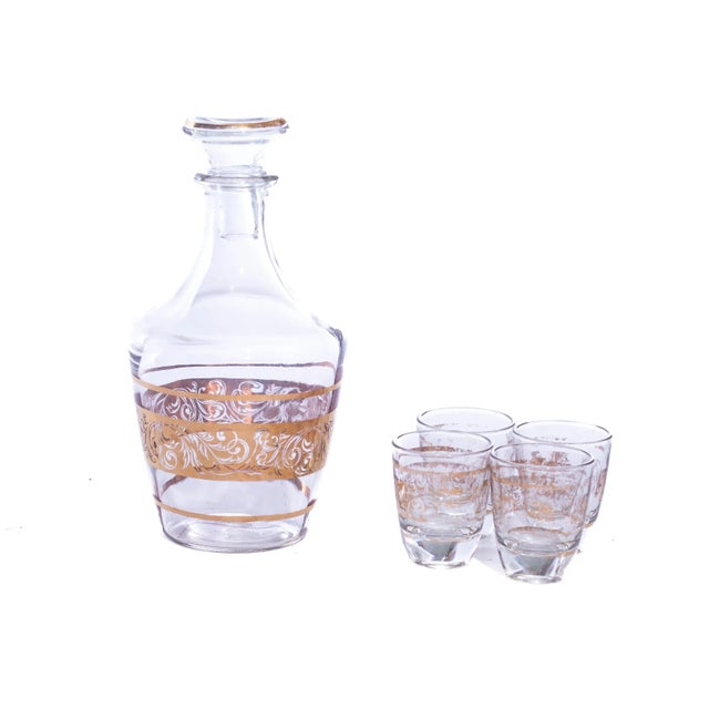 Gold Small Gold Trimmed Vintage French Cocktail Carafe and Four Shot Glass Set For Sale - Image 8 of 8