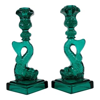 Vintage 1970s Imperial Glass Dolphin Form Candle Holders, Met Museum of Art - a Pair For Sale
