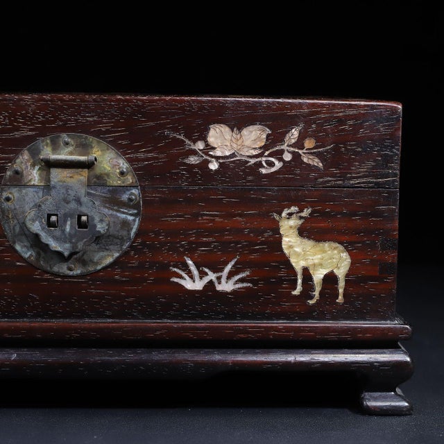 Bronze Antique Chinese Hardwood Inlaid "Mandarin Ducks" Jewelry Box With Bronze Lock For Sale - Image 8 of 10