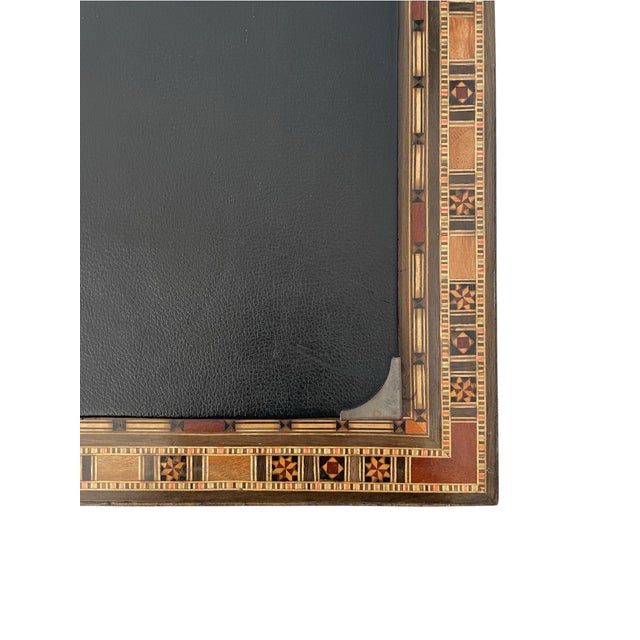 Traditional Vintage Leather and Wood Marquetry Desk Blotter With Flip Top For Sale - Image 3 of 6