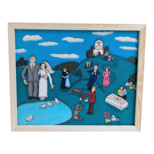 Pam Moffit Folk Art Wedding Painting – Naive Style Acrylic on Canvas 17.5” X 21.5”
